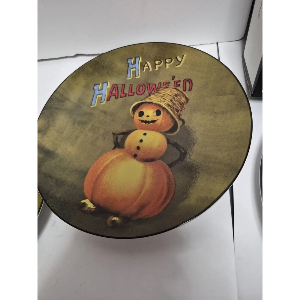 Williams-Sonoma Vintage Halloween Salad Dessert Plates Set of 4 Pumpkn black Cat